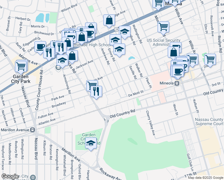 map of restaurants, bars, coffee shops, grocery stores, and more near 385 1st Street in Mineola