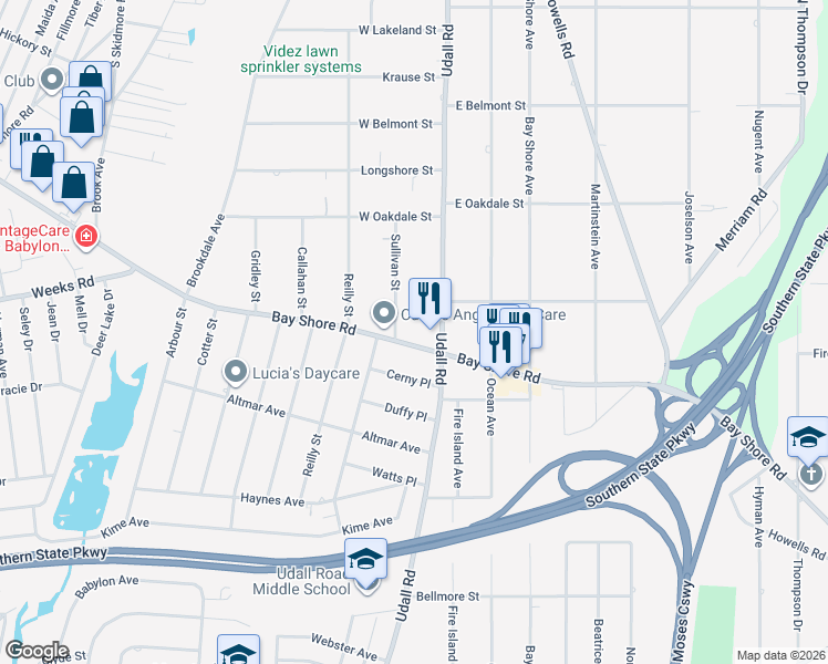 map of restaurants, bars, coffee shops, grocery stores, and more near 7 West Bay Shore Road in Bay Shore