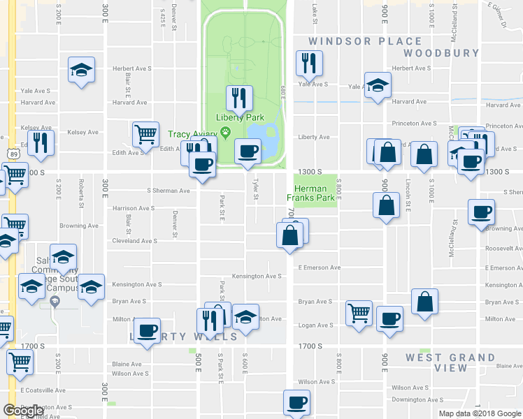 map of restaurants, bars, coffee shops, grocery stores, and more near 634 Harrison Avenue in Salt Lake City