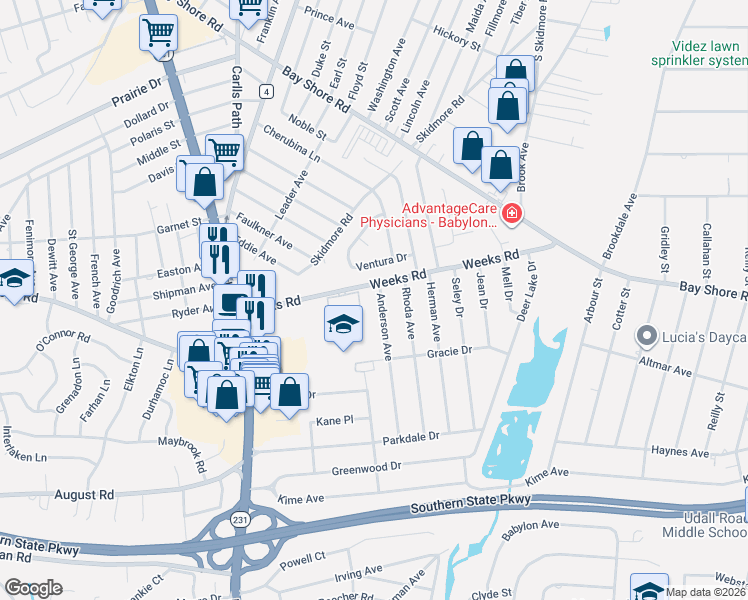 map of restaurants, bars, coffee shops, grocery stores, and more near 69 Primrose Lane in North Babylon