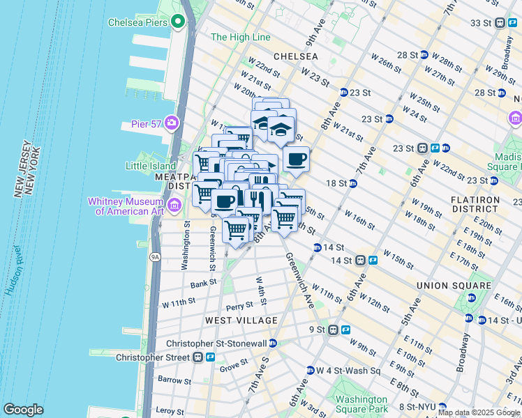 map of restaurants, bars, coffee shops, grocery stores, and more near 2 Gansevoort Street in New York