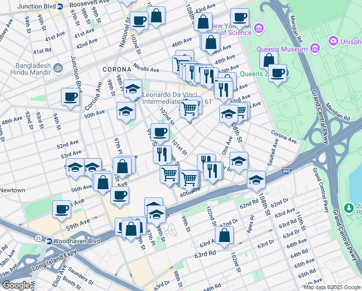 map of restaurants, bars, coffee shops, grocery stores, and more near 54-27 101st Street in Queens