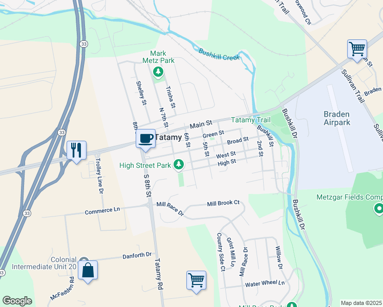 map of restaurants, bars, coffee shops, grocery stores, and more near 548 Broad Street in Tatamy
