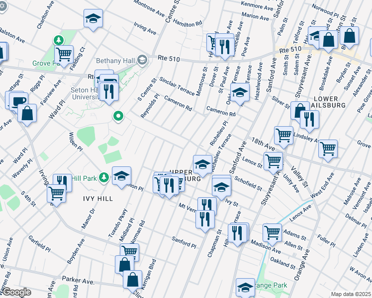 map of restaurants, bars, coffee shops, grocery stores, and more near 90 Eastern Parkway in Newark