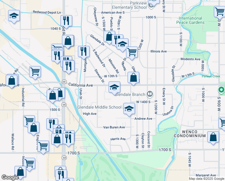 map of restaurants, bars, coffee shops, grocery stores, and more near 1423 Stewart Circle in Salt Lake City