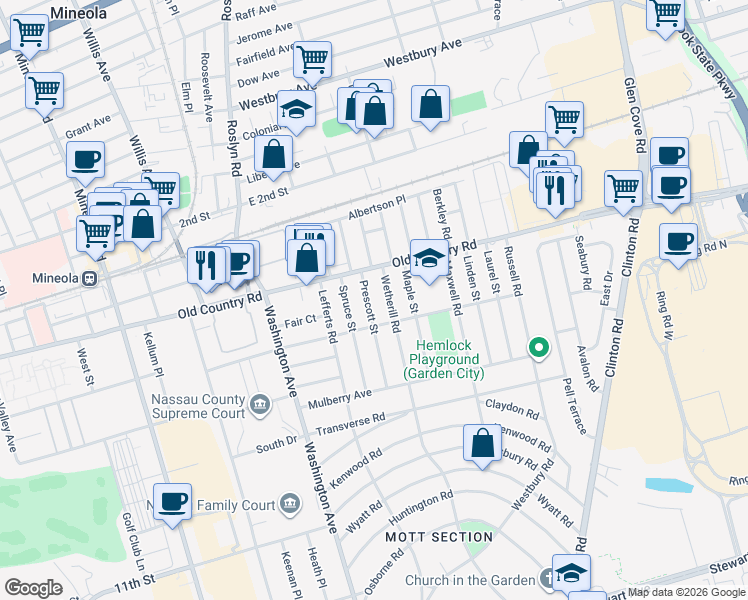 map of restaurants, bars, coffee shops, grocery stores, and more near 42 Prescott Street in Garden City