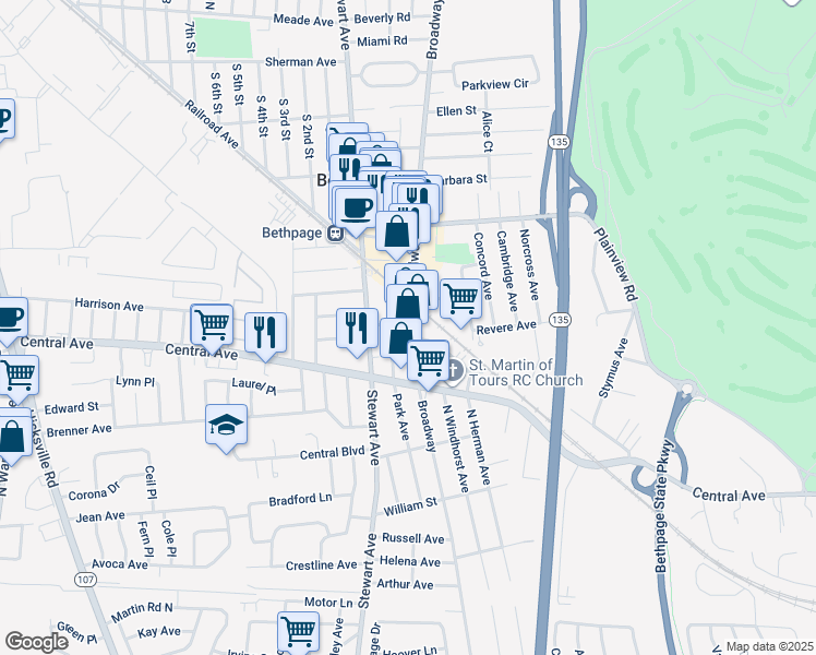 map of restaurants, bars, coffee shops, grocery stores, and more near 16 Baldwin Place in Bethpage