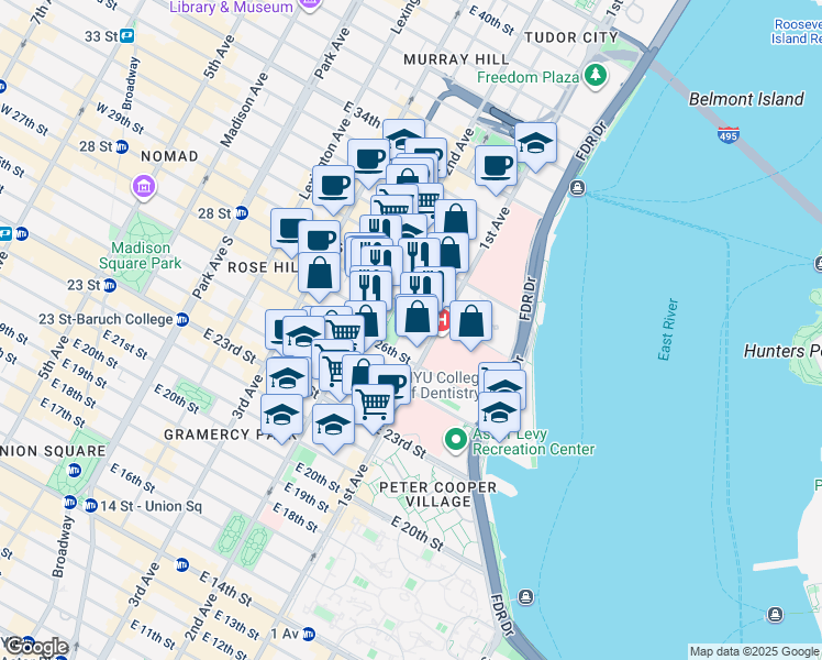 map of restaurants, bars, coffee shops, grocery stores, and more near 335 East 27th Street in New York