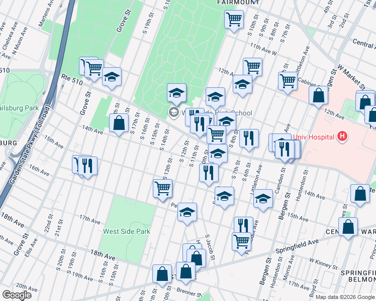 map of restaurants, bars, coffee shops, grocery stores, and more near 395 South 11th Street in Newark