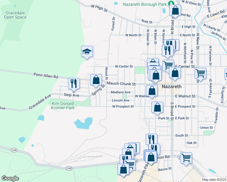 map of restaurants, bars, coffee shops, grocery stores, and more near 348 Madison Avenue in Nazareth