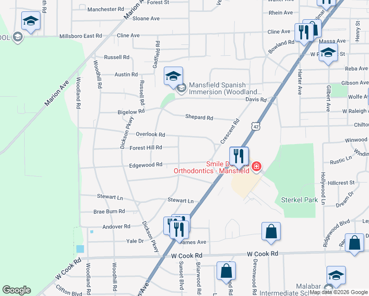 map of restaurants, bars, coffee shops, grocery stores, and more near 695 South Andover Road in Mansfield
