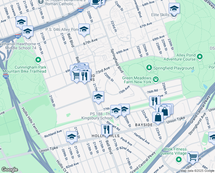 map of restaurants, bars, coffee shops, grocery stores, and more near 21936 74th Avenue in Queens
