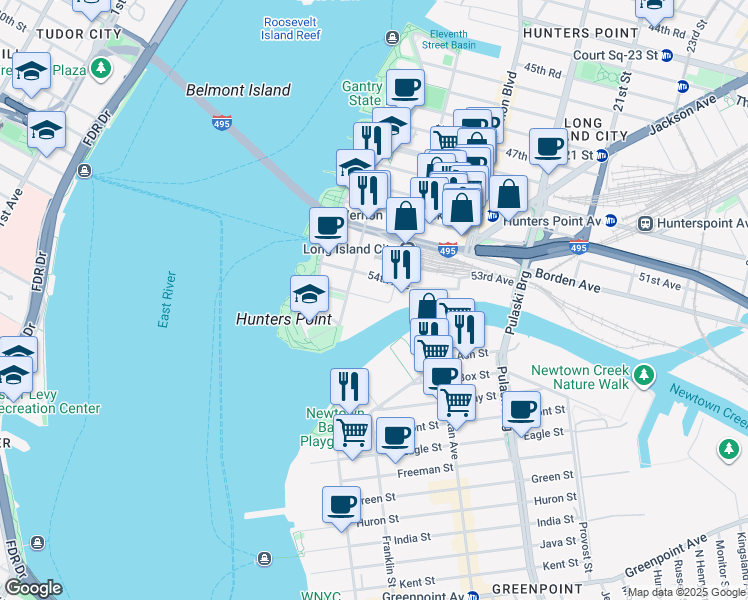 map of restaurants, bars, coffee shops, grocery stores, and more near 2 55th Avenue in Queens