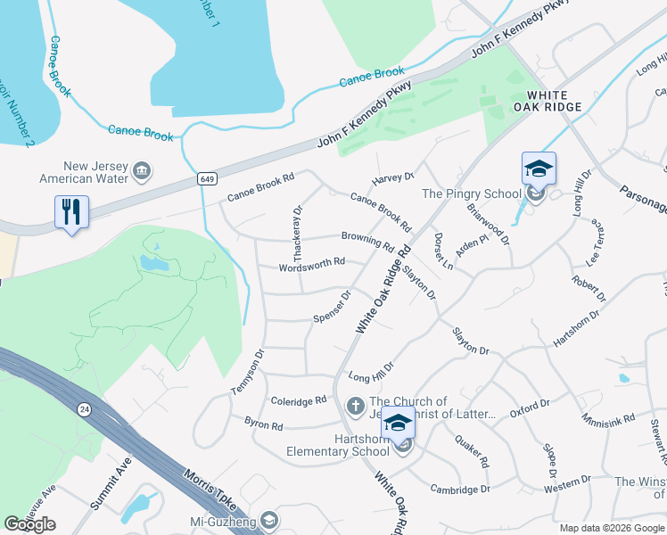 map of restaurants, bars, coffee shops, grocery stores, and more near 15 Wordsworth Road in Millburn