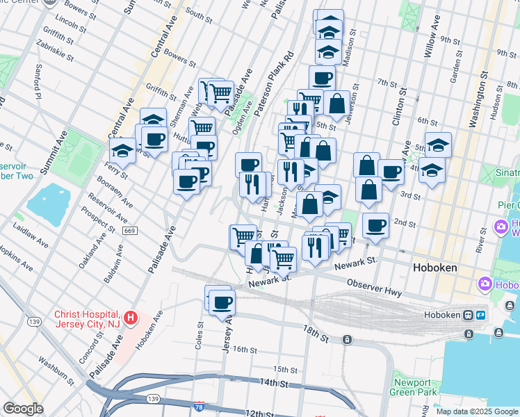 map of restaurants, bars, coffee shops, grocery stores, and more near 700 1st Street in Hoboken