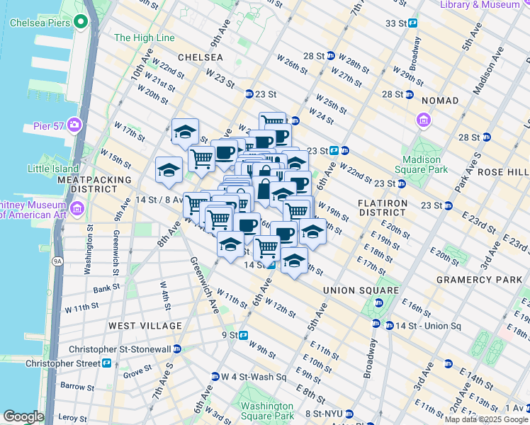 map of restaurants, bars, coffee shops, grocery stores, and more near 150 West 17th Street in New York
