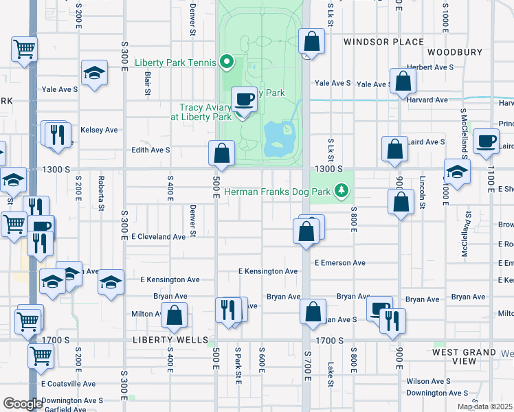map of restaurants, bars, coffee shops, grocery stores, and more near 1374 South 600 East in Salt Lake City