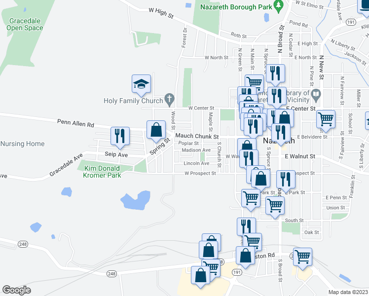 map of restaurants, bars, coffee shops, grocery stores, and more near 348 Madison Avenue in Nazareth