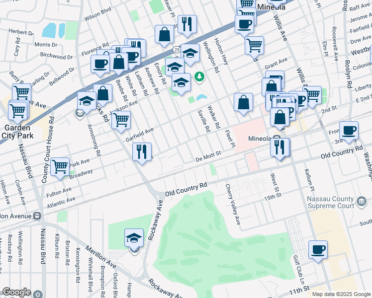 map of restaurants, bars, coffee shops, grocery stores, and more near 103 Skelly Place in Mineola