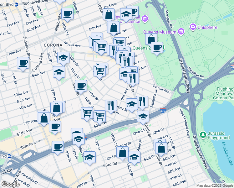 map of restaurants, bars, coffee shops, grocery stores, and more near 56-28 Waldron Street in Queens