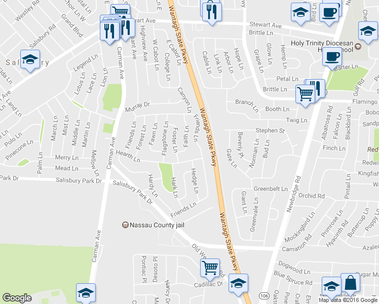 map of restaurants, bars, coffee shops, grocery stores, and more near 43 Faith Lane in Westbury