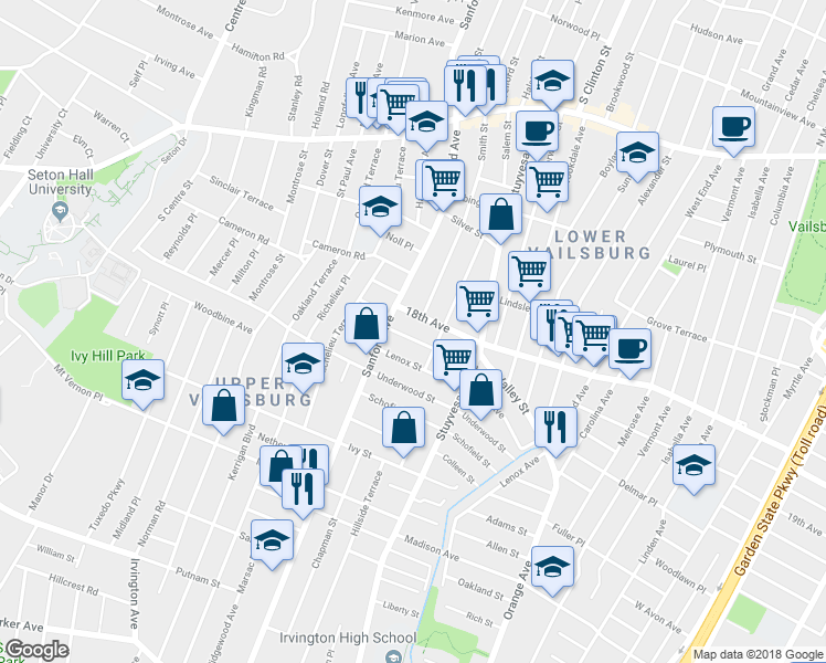 map of restaurants, bars, coffee shops, grocery stores, and more near 53 Commonwealth Ave in Newark