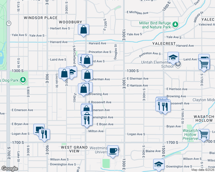 map of restaurants, bars, coffee shops, grocery stores, and more near 1210 East Harrison Avenue in Salt Lake City