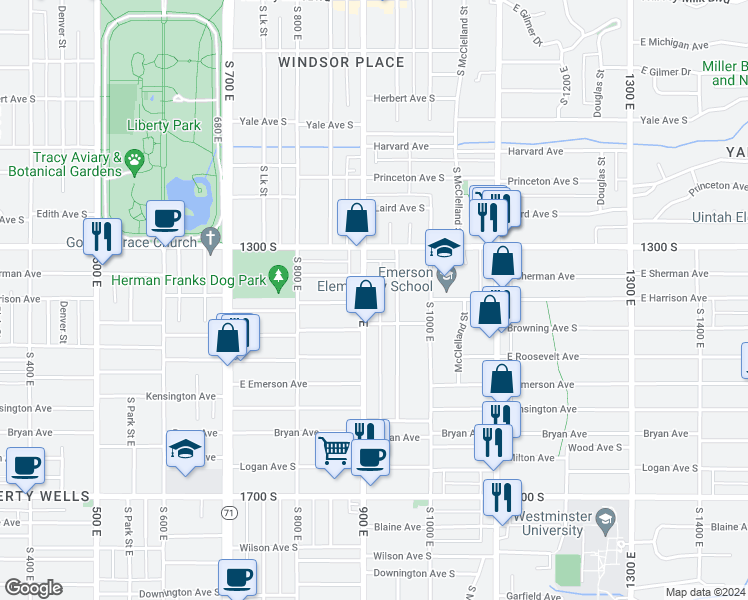map of restaurants, bars, coffee shops, grocery stores, and more near 1370 900 East in Salt Lake City
