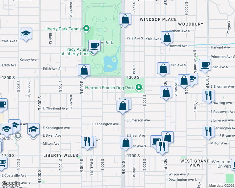 map of restaurants, bars, coffee shops, grocery stores, and more near 1373 South Green Street in Salt Lake City