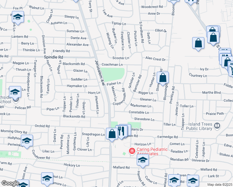 map of restaurants, bars, coffee shops, grocery stores, and more near 4 Printer Lane in Levittown
