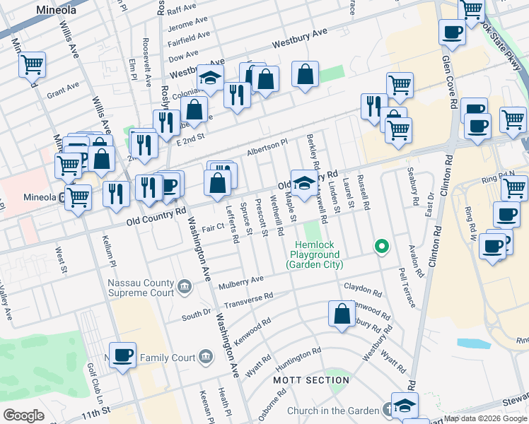 map of restaurants, bars, coffee shops, grocery stores, and more near 42 Prescott Street in Garden City