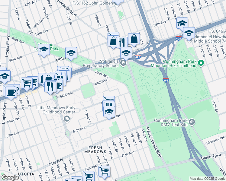 map of restaurants, bars, coffee shops, grocery stores, and more near 196-10C 65th Crescent in Queens
