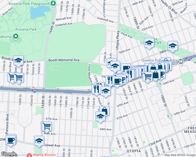 map of restaurants, bars, coffee shops, grocery stores, and more near 59-06 175th Street in Queens