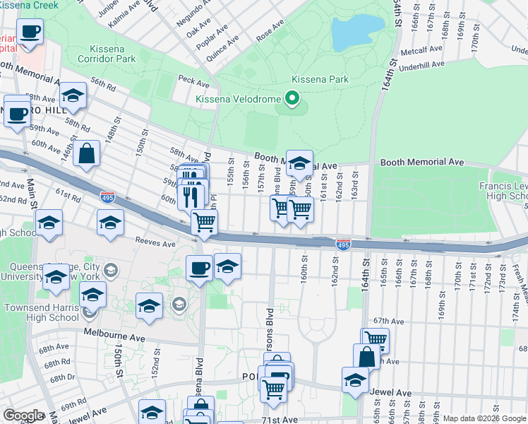 map of restaurants, bars, coffee shops, grocery stores, and more near 59-20 Parsons Boulevard in Queens