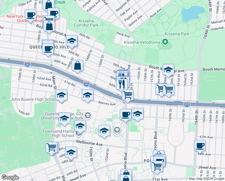 map of restaurants, bars, coffee shops, grocery stores, and more near 153-22 60th Avenue in Queens