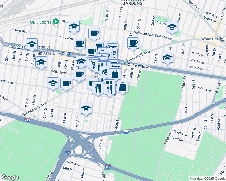 map of restaurants, bars, coffee shops, grocery stores, and more near 47-42 47th Street in Queens