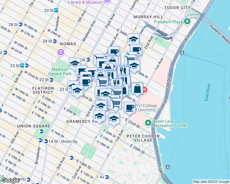 map of restaurants, bars, coffee shops, grocery stores, and more near 123 5th Avenue in New York