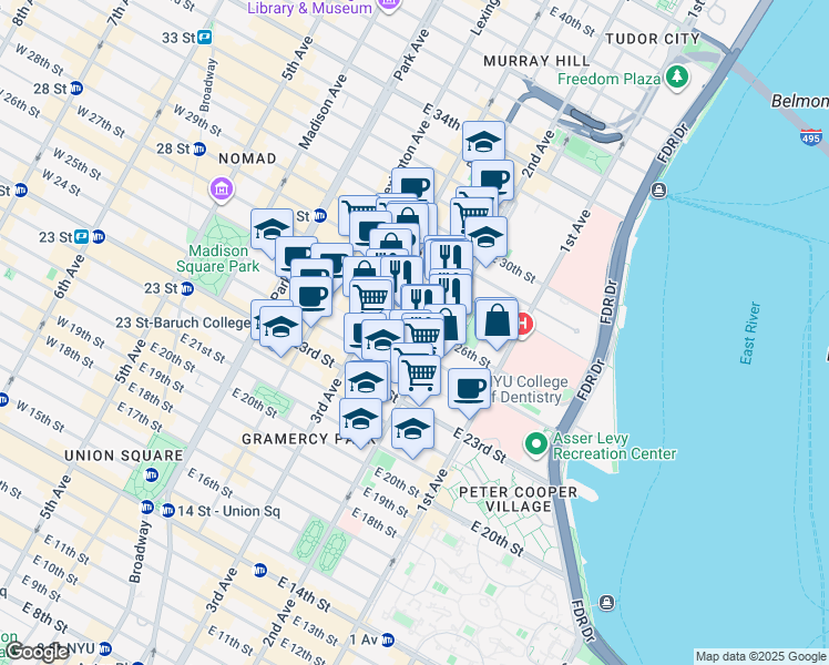 map of restaurants, bars, coffee shops, grocery stores, and more near 123 5th Avenue in New York