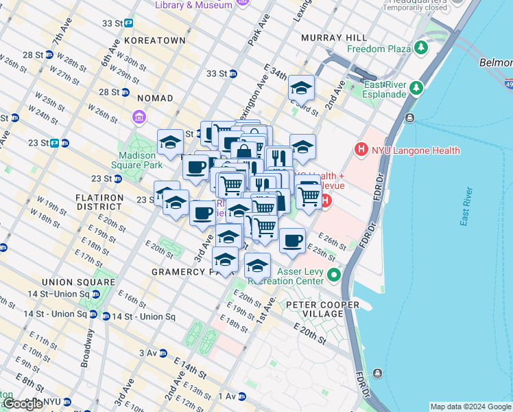 map of restaurants, bars, coffee shops, grocery stores, and more near in New York
