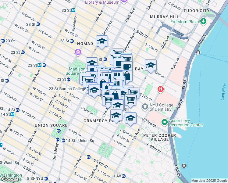 map of restaurants, bars, coffee shops, grocery stores, and more near 323 3rd Avenue in New York