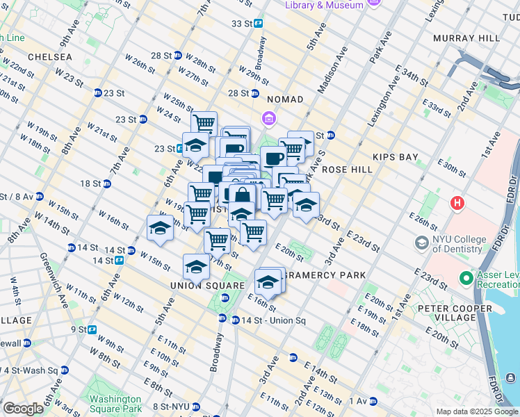 map of restaurants, bars, coffee shops, grocery stores, and more near 928 Broadway in New York
