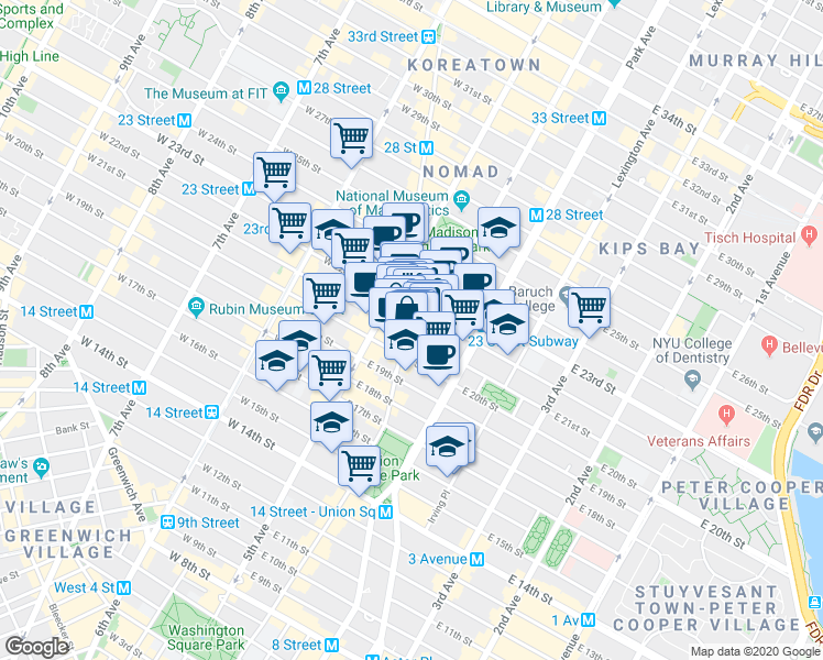 map of restaurants, bars, coffee shops, grocery stores, and more near 928 Broadway in New York