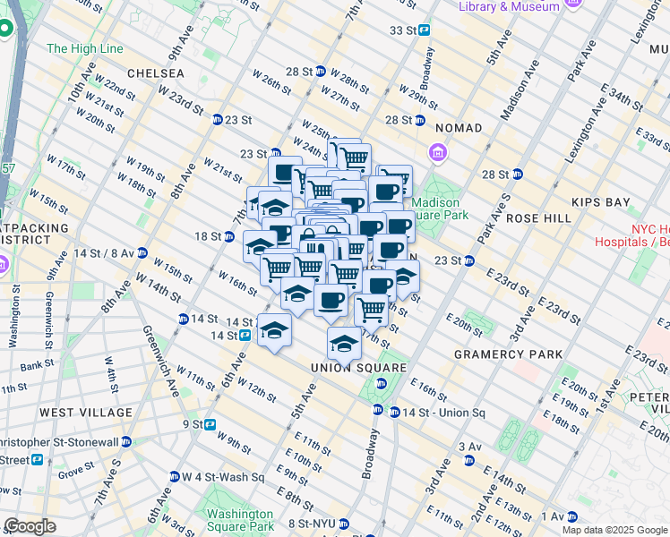 map of restaurants, bars, coffee shops, grocery stores, and more near 636 6th Avenue in New York