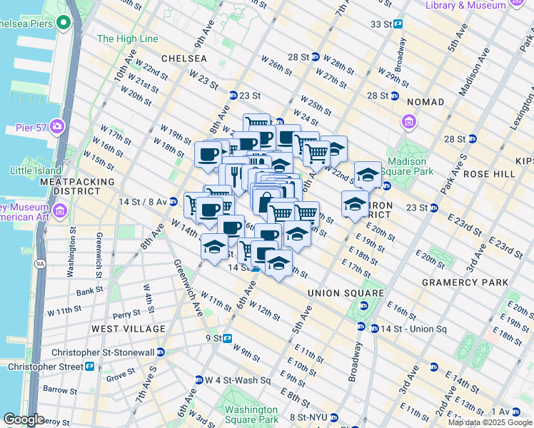 map of restaurants, bars, coffee shops, grocery stores, and more near 133 West 17th Street in New York