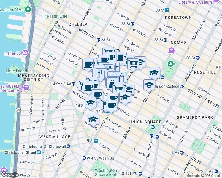 map of restaurants, bars, coffee shops, grocery stores, and more near 133 West 17th Street in New York