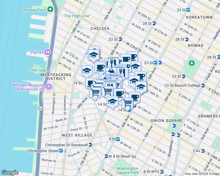 map of restaurants, bars, coffee shops, grocery stores, and more near in New York