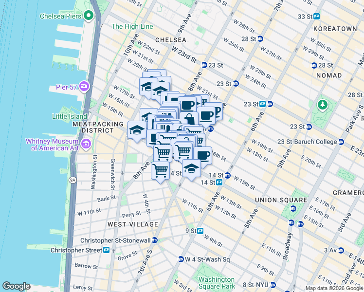 map of restaurants, bars, coffee shops, grocery stores, and more near 228 West 15th Street in New York