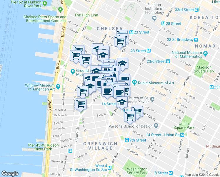 map of restaurants, bars, coffee shops, grocery stores, and more near 228 West 15th Street in New York