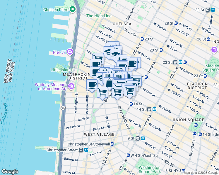 map of restaurants, bars, coffee shops, grocery stores, and more near in New York