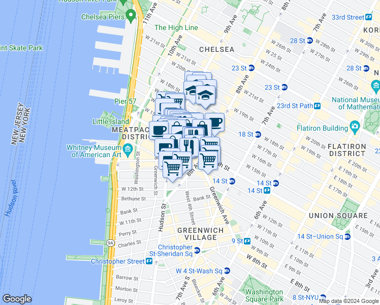 map of restaurants, bars, coffee shops, grocery stores, and more near 2 Gansevoort Street in New York